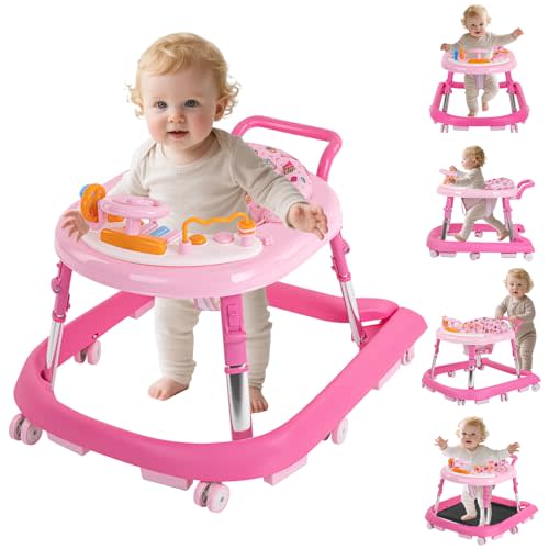 Foldable Baby Walker with Wheels – 9 Adjustable Heights, Reinforced Frame, Activity Center with Music & Lights, Removable Tray, Two Rear Wheel Modes (Swivel or Forward-Only) for Babies 6-18 Months