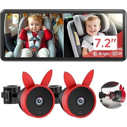 Babyvue BV3 PRO Baby Car Camera for 2 Kids - 7.2" Large HD Display Dual Channel Baby Monitor, 1080P IR Night Vision Car Seat Camera, Easy Install Rear-Facing View – Ideal for Kids and Pet Safety