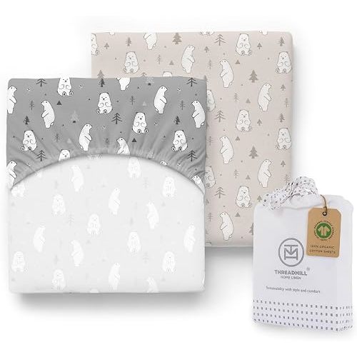 Threadmill Organic Baby Crib Sheets for Boys & Girls | 100% Organic Cotton Fitted Crib Sheet for Standard Crib Mattress | 2 Pack Unisex Cozy Toddler Sheets, Machine Washable | Chilltee