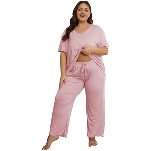 Vozanet Women's Plus Size Pajama Sets Short Sleeve Long Pants Solid Color with Piping Trim Elegant Loungewear Cozy Sleepwear
