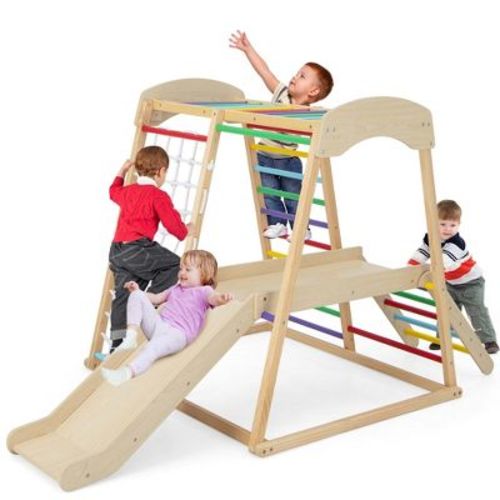 Costway 6-in-1 Indoor Jungle Gym Wooden Playground Climber Playset for Kids 1+ Years Multicolor/Natural