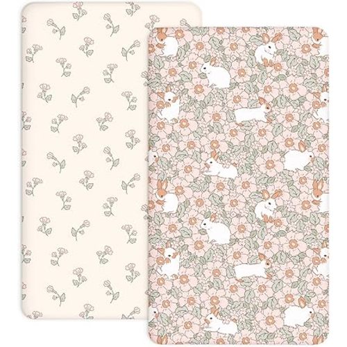Crib Sheets for Boys and Girls, 2 Pack Fitted Baby Sheets for Standard Toddler Mattress 28" x 52", Soft Breathable Jersey Knit Baby Bedding (Bunny Garden)
