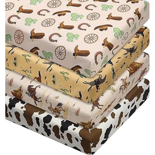 4 Pcs Western Cowboy Crib Sheet Set Newborn Bedding Nursery Baby Sheets for Girl Boys Baby Gifts for Standard Crib and Toddler Mattresses, 52 x 28 x 8 Inches