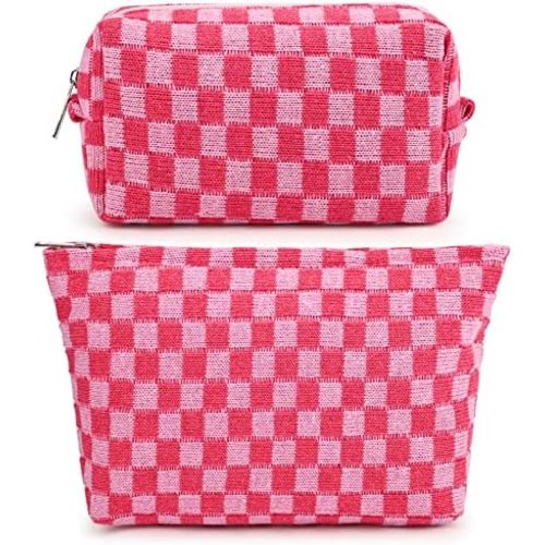 SOIDRAM 2 Pieces Makeup Bag Large Checkered Cosmetic Bag Capacity Canvas Mix Travel Toiletry Bag Organizer Cute Makeup Brushes Aesthetic Accessories Storage Bag for Women, Checkered Mix Rose Red