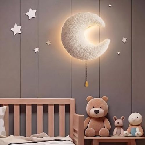 Aurelema Fluffy Moon Night Light Wall Lamp Sleeping Nursery Lighting Cute Floating Battery Operated Hanging Lamp for Baby Boys Girls Bedroom Room Nursery Wall Decorations