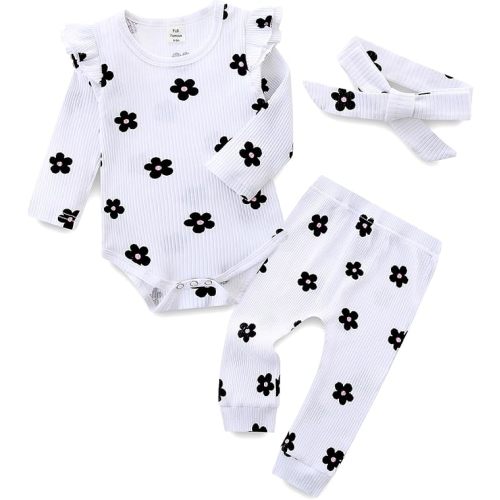 Fullfamous Baby Girl's 3pc Rib Frill Long Sleeve Romper and Pant Set