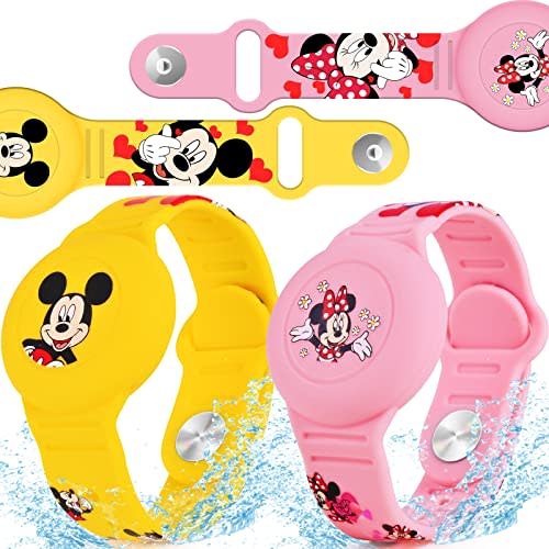 Waterproof Air Tag Bracelet for Kids [2 Pack], Cute Cartoon Air Tag Holder for Kids with Full Coverage Hidden Design, Silicone Airtag Wristband for Child, Healthy Material Pink + Yellow