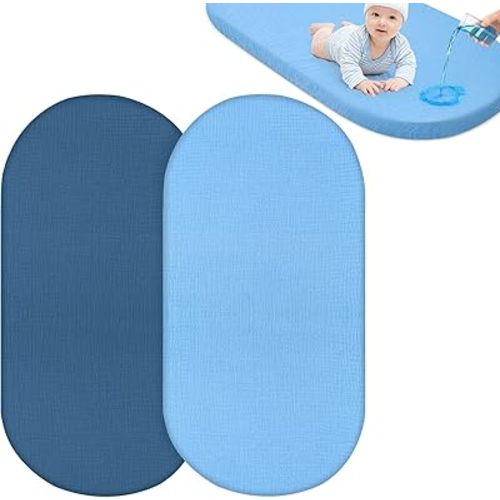 Baby Bassinet Sheets TPU Waterproof 2 Pack Soft Muslin Bedside Bassinet Mattress Sheets with Bottom Elastic Band for Baby Boy Girls Unisex Fit Hourglass Oval and Rectangle, Blue