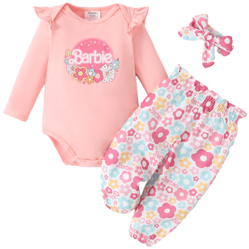 Barbie Baby Girl Clothes 3Pcs Ruffle Long Sleeve Romper And Floral Pants Set With Headband Newborn Outfits Gift Set Sizes 0/3-18M
