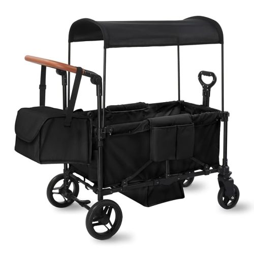 Wagon Stroller for 2 Kids, All-Terrain Wagon with Footwell, Removable UV-Protection Canopy, Adjustable Push/Pull Handle, Large Storage, Perfect for Infant and Toddler (Black)