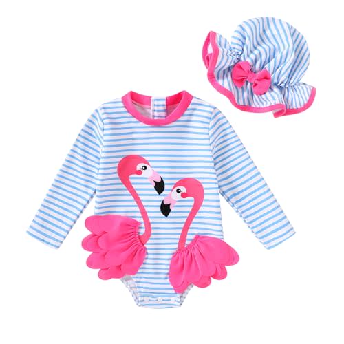 Infant Baby Swimsuit Girl Long Sleeve UPF 50+ Sun Protection One-Piece Rash Guard with Hat Zipper Bathing Suit