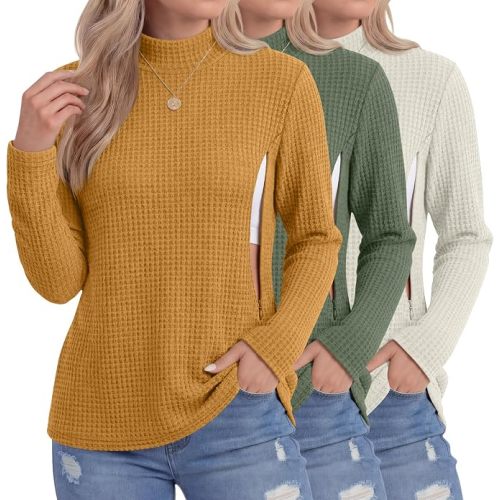 3 Pack Womens' Nursing Shirts Waffle Long Sleeve Mock Neck Tops Breastfeeding Zipper Maternity Casual Loose Tees
