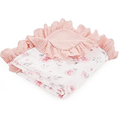 david's kids Muslin Baby Blanket for Girls, 100% Organic Cotton Ruffle Swaddle Blanket, Large 47‘’x47'', Ultra Soft Reversible & Breathable Crib Blankets, Nursery for Newborns Infants, Floral