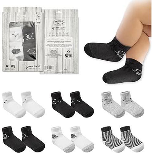 Baby Socks 0-6 Months - 6 Pairs, Organic Cotton Infant Socks, Unisex, Soft & Hypoallergenic Newborn Socks, (US, Age, 0 Months, 6 Months, 6, Black - White - Gray)