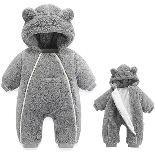 3-6m Baby Bear Onesie Outfit Suit Girls Boys Fleece Jumpsuit Romper Hooded Coat Winter Clothes Outwear Snowsuit