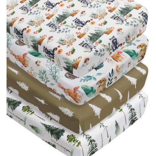4 Pack Woodland Forest Animals Wood Neutral Unisex Fitted Baby Crib Sheets Set for Baby Boys or Girls