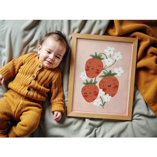 Happy Strawberries: Kids' Room Art Print, Colorful Unique Playroom Wall Decor