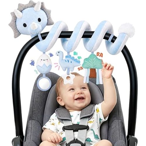 Stuffed Dinosaur Spiral Car Seat Toys Hanging for Babies 0-3 3-6 6-12 Months, Plush Infant Stroller Toy with Silicone Teether, Crinkle and Squeaker, Soft Cute Shower Gifts for Newborn Boys Girls