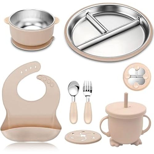 Stainless Steel Baby Feeding Set 6 Pcs, Baby Led Weaning Supplies, Stainless Steel Suction Bowl Divided Plate 2-in-1 Cup Bib Spoon Fork - Solid Food Utensils for Babies 6+ Months. (Beige)