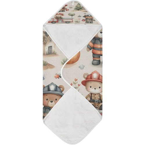 Cute Fireman Bear Hooded Baby Bath Towels, Cotton Soft Hooded Towel for Babies - Absorbent Baby Bath Towels 30x30 Inch