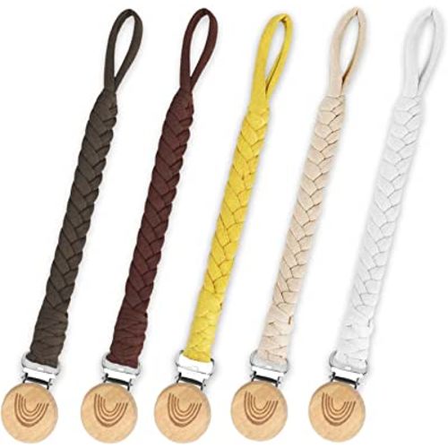 Duludulu Braided Pacifier Clip Neutral, Pacifier Clips for Boys & Baby Girl Pacifier Holder Wooden Clips Cotton Unisex Baby Shower Birthday Christmas Gifts
