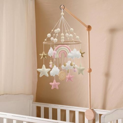 Rainbow Mobile for Crib - A Pink and White Boho Rainbow Crib Mobile with Gold Detail