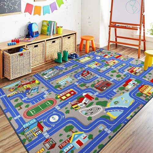 Blue Car Road Kid Rug Carpet Playmat for Playoom Traffic Road Kids Play Mat for Toddler Non Slip Washable City Map Race Track Carpet Rug for Kids Room Bedroom Nursery Room Decor,5'x 6'6"