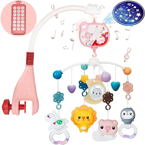 Baby Mobiles for Cribs, Crib Mobile with Music and Lights, Nursery Musical Mobile for Bassinets Hanging Toys with Remote Control, Rotation, Projection, Animal Mobile Arm Clip On for Infant Boys Girls