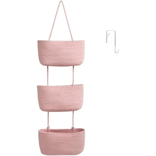 TeoKJ Over the Door Hanging Basket, 3-Tier Woven Cotton Wall-Mounted Storage Organizer Bag Decorative Hanging Nursery Baskets, Pink