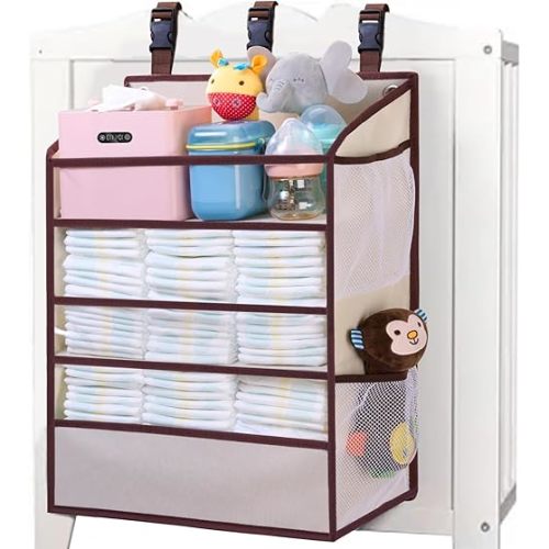 WishJazz XL Hanging Diaper Caddy Organizer for Changing Table, Crib, Playard, Wall, Reinforced 3-Tier Diaper Caddy with Mesh Pockets， Nursery Organizer-Hold 90+Diaper for Newborn Baby Essentials