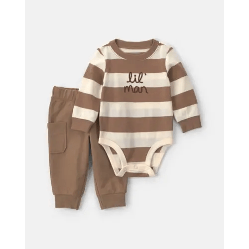Baby Boy 2-Piece 'Lil Man' Striped Long-Sleeve Bodysuit & Pant Set - Brown | Carter's