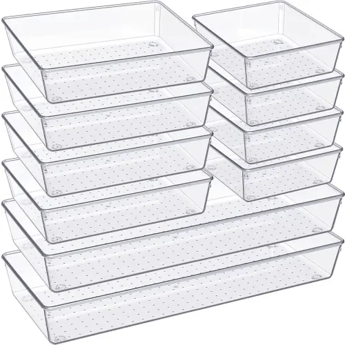 Criusia Drawer Organizer, 10 Pack Large Clear Plastic Set, 3 Size Versatile Bathroom and Vanity Organizer Trays, Storage Bins for Makeup, Bedroom, Kitchen Utensils