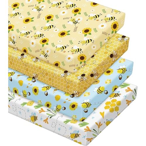 VitalCozy 4 Pcs Yellow Bee Crib Sheet Set Newborn Bedding Nursery Baby Sheets for Girl Boys Baby Gifts for Standard Crib and Toddler Mattresses, 52 x 28 x 8 Inches