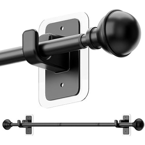 ENJOYBASICS No Drill Curtain Rods for Window 28 to 60 Inches, 5/8 Inch Diameter Renter Friendly Drapery Rod with Adhesive Brackets without Drilling, Adjustable from 27 to 65 Inches, Black