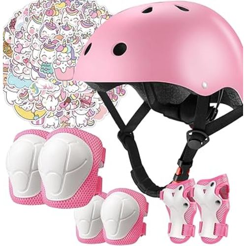 Kids Bike Helmet Set,CPSC Certified with Knee Elbow Wrist Pads Guards,Toddler Adjustable Black Helmet for Ages 2-3-5-8 Girls Child,Sports Protective Gear Set for Bicycle Skate Scooter