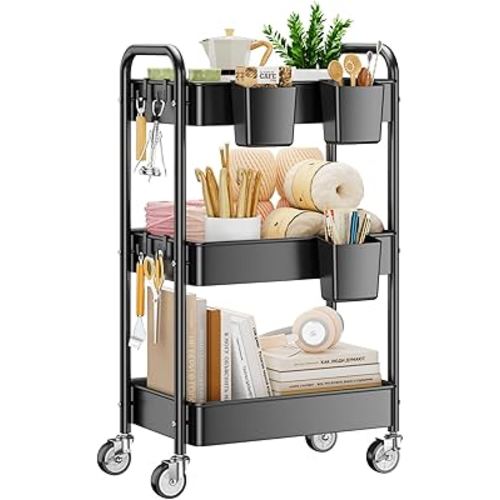YASONIC 3 Tier Rolling Cart - Metal Utility Cart with Wheels, Hanging Cups, Hooks, Heavy Duty Mesh Rolling Storage Cart Organizer, Craft Cart for Kitchen Office, Lightweight and Sturdy