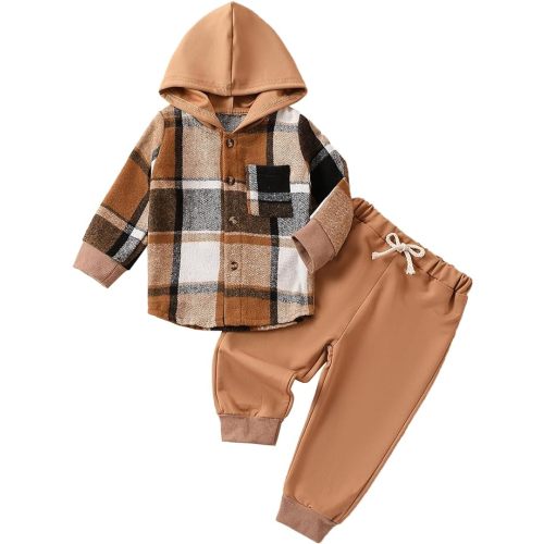 Douhoow Toddler Unisex Baby Clothes Boys Girls Flannel Shirt Tops Plaid Hoodie Sweatshirt + Sweatpants Fall Winter Outfits