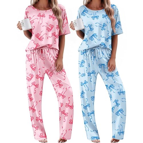 Ekouaer 2 Pack Womens Pajamas Sets Short Sleeve Long Pants Pjs Lounge Set