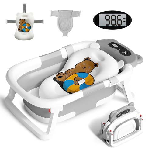 Baby Bathtub, Collapsible Newborn Bathtub for Infant to Toddler 0-1 Year with Soft Cushion+Baby Tub Sling and Thermometer, Portable Travel Bathtub, Foldable Infant Bathtub with No-Slip Feet, Grey