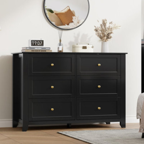 Ebern Designs 6 Drawer Dresser with Metal Knobs, 47.2" Wide Wooden Double Storage Chest for Bedroom Entryway Hallway & Reviews | Wayfair