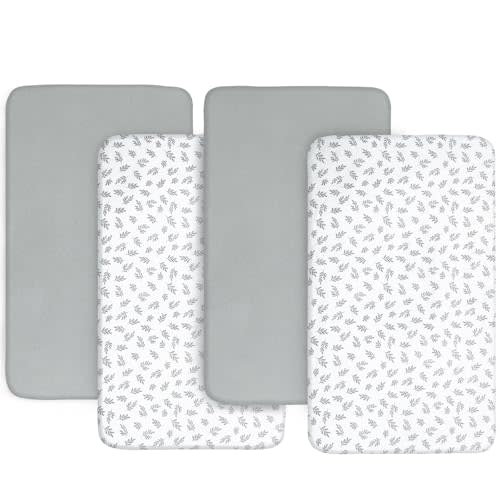 4-Pack Fitted Bassinet Sheets Compatible with Baby Delight, Maxi COSI Iora, Dream On Me Skylar and Other Rectangle Bassinet Bedside Sleeper Mattress, Ultra Soft and Breathable, Grey Leaf