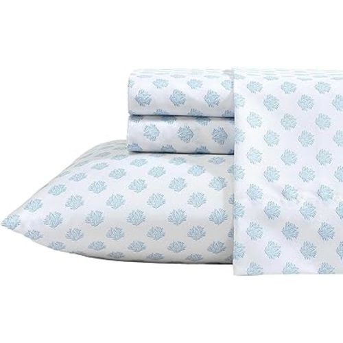 Nautica - Sheet Set, Breathable & Cooling Microfiber Bedding with Matching Pillowcases, Deep Pocket, Fully Elasticized (Coastal Coral Ocean Breeze Blue, Queen)