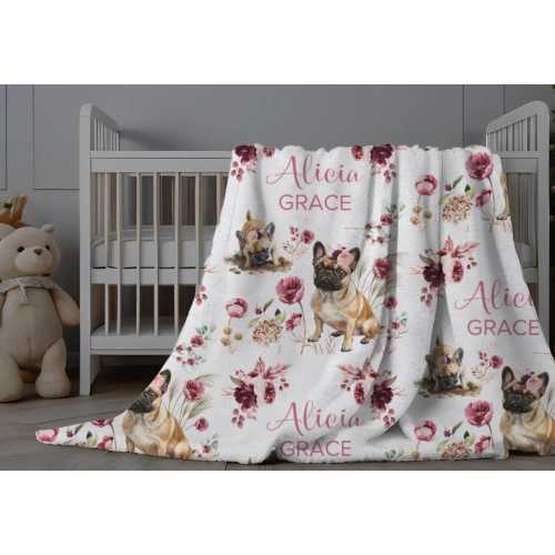 French Bulldog Blanket, Personalized Baby Blanket Girl, Toddler Girl Blanket with Dogs, Custom Child Name Blanket, French Bulldog Swaddle