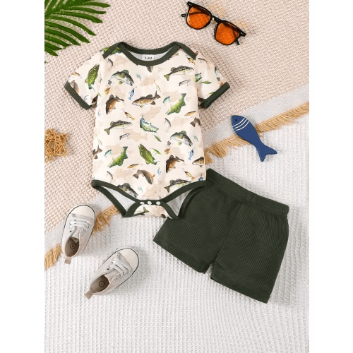 newborn small fish print short sleeve bodysuit - Temu