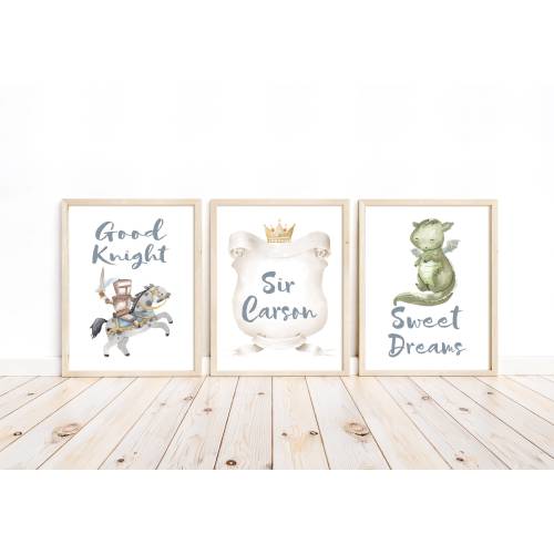 Personalized Knight and Dragon Nursery Prints: Watercolor Fairytale Set