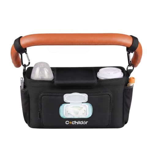 Cochildor Universal Stroller Organizer Caddy with 2-in-1 Wipe Pocket | Wide Cup Holders, Elastic Side Pockets, Shoulder Strap & Secures to Full-size Strollers, Black