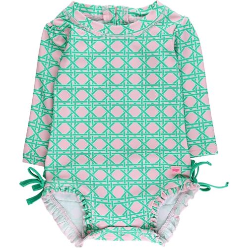 RuffleButts Baby Girls UPF 50+ Sun Protection Floral Printed Long Sleeve One Piece Rash Guard Swimsuit with Zipper