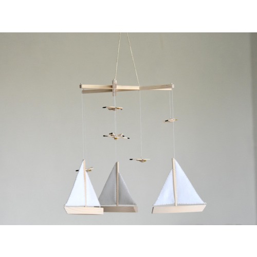 Handmade Nautical Baby Mobile: Wooden Seagulls & Sailing Boats