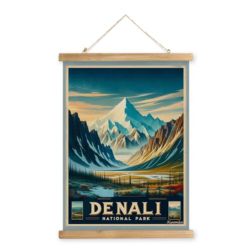 XIAOAIKA Vintage Denali National Park Travel Poster with Wooden Scroll Frame – Holiday Decoration or Gift for Living Room, Bedroom, Office Wall Decor, Retro Art Print 16 x 23 Inches
