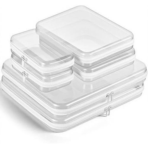 6Pcs Clear Hard Shell Zipper Case Set Travel Organizer, Hard Plastic Zipper Pouches White Storage for Makeup, Toiletry, Office Supplies & Kids Toys